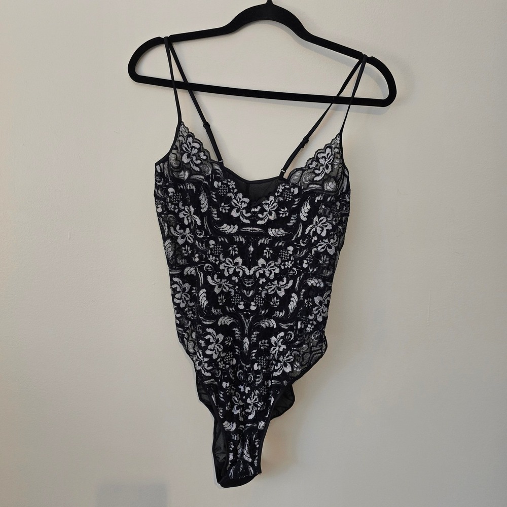 Intimates Y2K Black White Floral Lace Mesh Bodysuit XL Festival Boho